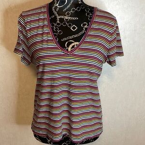 MADEWELL Red Yellow Blue Striped Vee Neck Tee Size Large